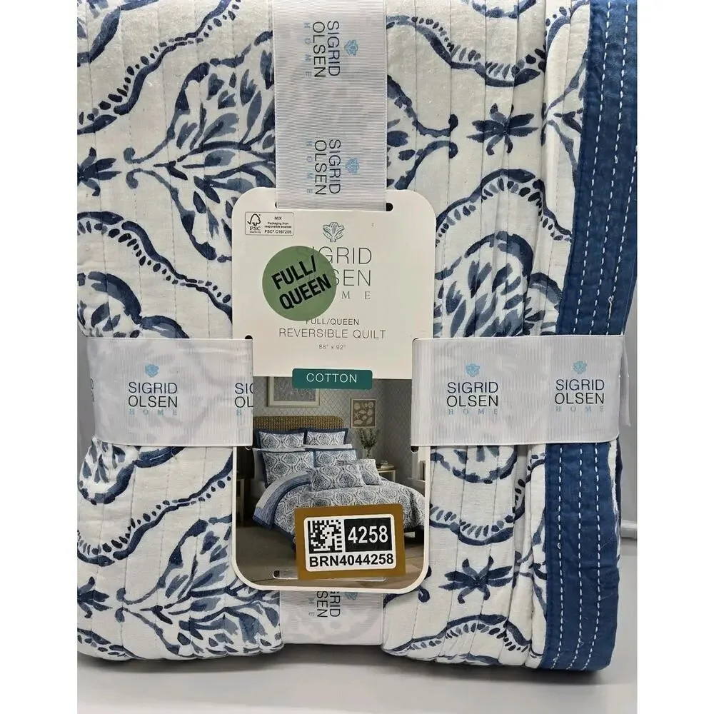 Sigrid Olsen Queen Size Quilt Blue White Reversible All Cotton Cottagecore NWT